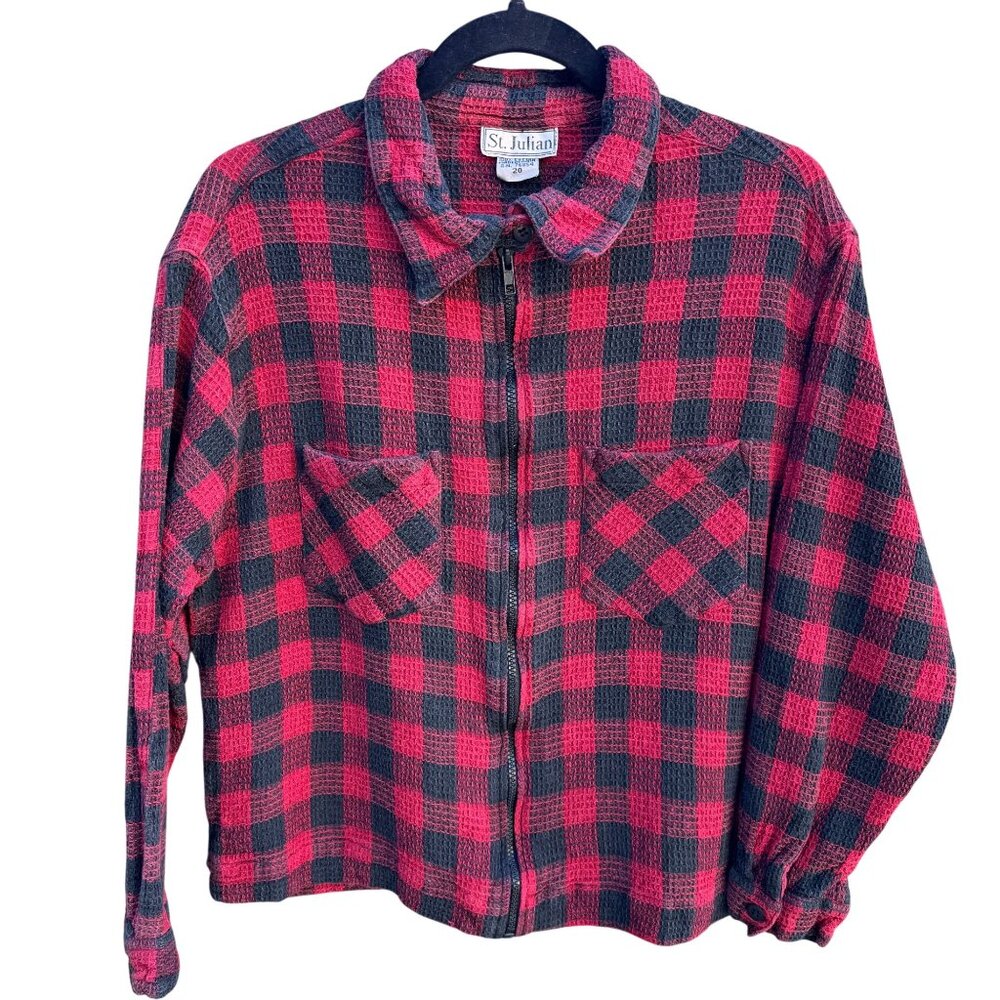 St Julian‎ Vintage Red Black Buffalo Plaid Waffle Knit Cotton Zip Shirt Shacket